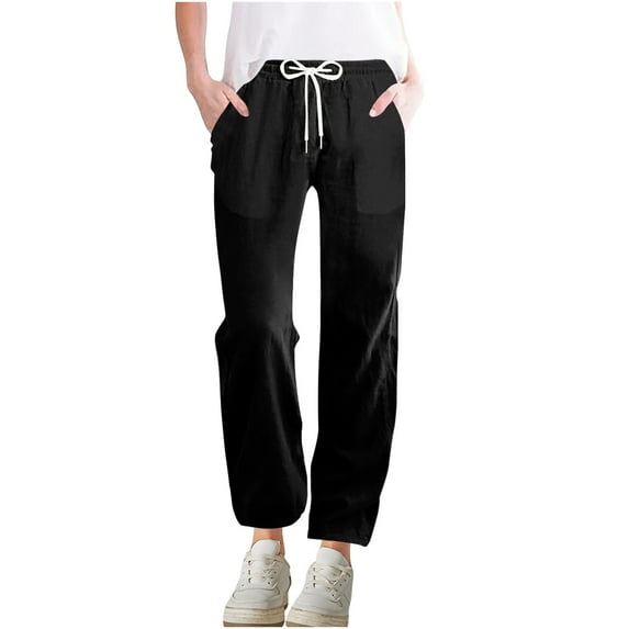 Timegard Pants for Women Elastic Waist Drawstring Straight Leg Solid Color Casual Loose Pants with Pockets