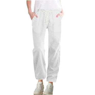 Timegard Pants for Women Elastic Waist Drawstring Straight Leg Solid Color Casual Loose Pants with Pockets