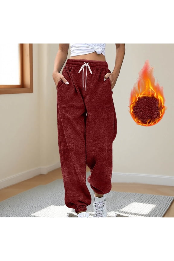 Pants for Women Fuzzy Warm Baggy Sweatpants Casual Solid Color Ruched Trousers Winter Fashion