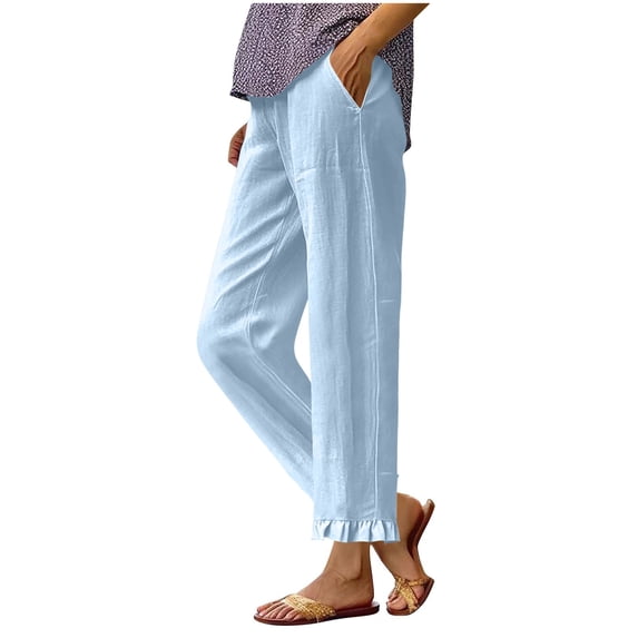 Timegard Pants for Women Ruffle Straight Leg Casual Loose Lightweight Elastic Waist Trousers Solid Color