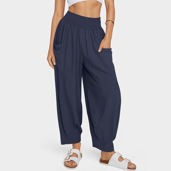 Timegard Pants for Women Smocked High Waist Baggy Lightweight Ruched Casual Trousers Travel Fashion