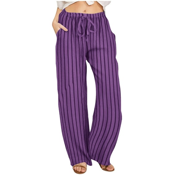 Timegard Pants for Women Striped Straight Leg Elastic Waist Drawstring Lounge Pants Casual Loose Trousers