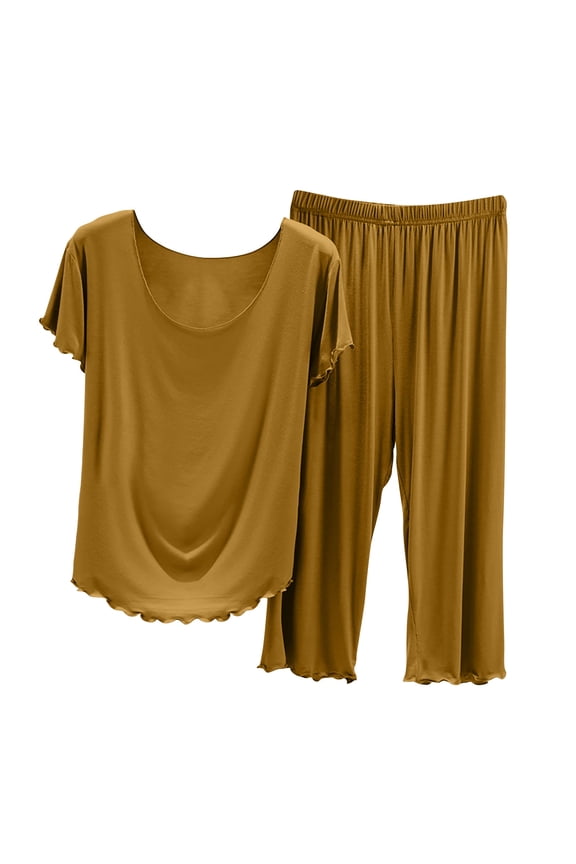 Pjs Sets for Women Summer Round Neck Short Sleeve Tee Capri Pants Solid Color Pajamas Outfits
