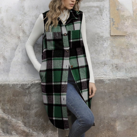 Timegard Plaid Vests for Women Lapel Neck Mid Long Sleeveless Jacket Button down Fall Fashion Tops