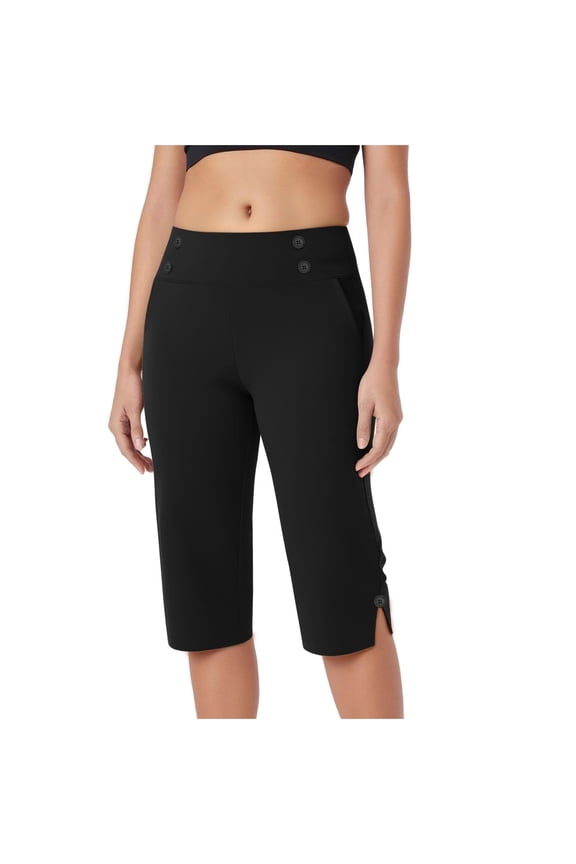 Womens Capri Pants Stretch High Waist Button Work Casual Pants for Summer with Pockets