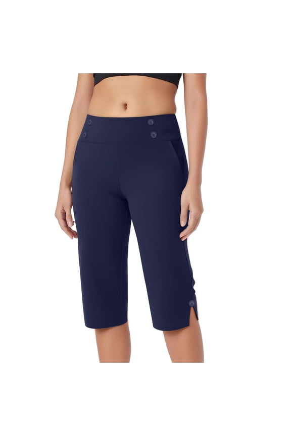Womens Capri Pants Stretch High Waist Button Work Casual Pants for Summer with Pockets