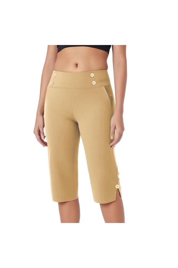 Womens Capri Pants Stretch High Waist Button Work Casual Pants for Summer with Pockets