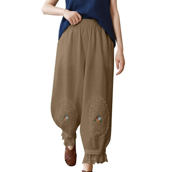 Timegard Plus Size Pants for Women Elastic Waist Lace Ruffle Lounge Pants Baggy Trousers with Pockets