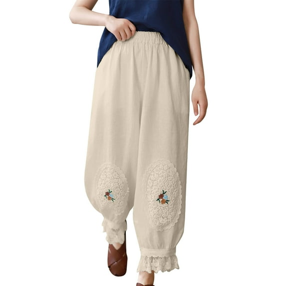 Timegard Plus Size Pants for Women Elastic Waist Lace Ruffle Lounge Pants Baggy Trousers with Pockets