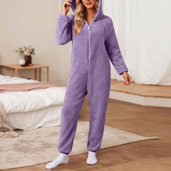 Timegard Plus Size Rompers for Women Fall Winter Fleece Fuzzy Hoodies Zipper Warm Jumpsuit Pajamas Sleepwear