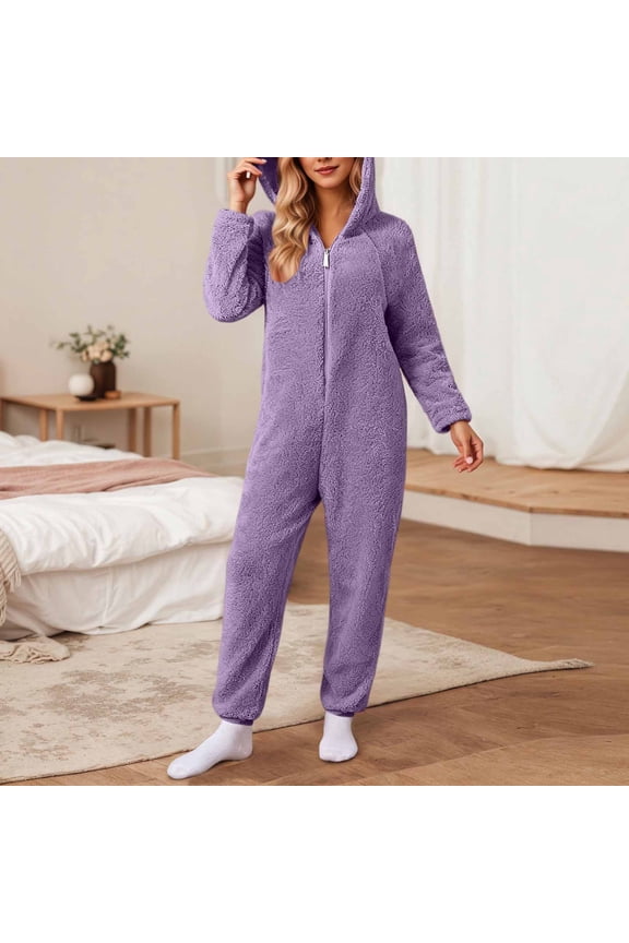 Plus Size Rompers for Women Fall Winter Fleece Fuzzy Hoodies Zipper Warm Jumpsuit Pajamas Sleepwear