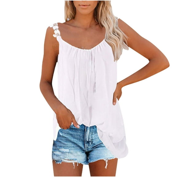 Timegard Plus Size Tank Tops for Women Scoop Neck Ruched Lace Strap Loose Comfy Sleeveless Tops Summer Beach