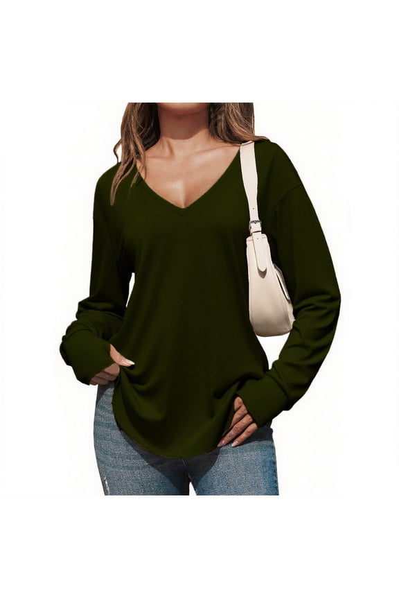 Tops for Women Fall V Neck Fitting Long Sleeve Shirts Solid Color Casual Comfy Blouse