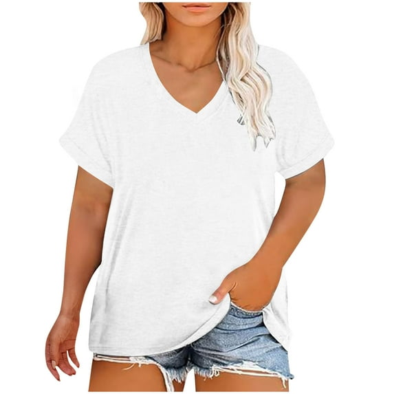 Timegard Plus Size Top for Women Drop Shoulder V Neck Solid Color Loose Comfy Basic Tee Shirts Summer