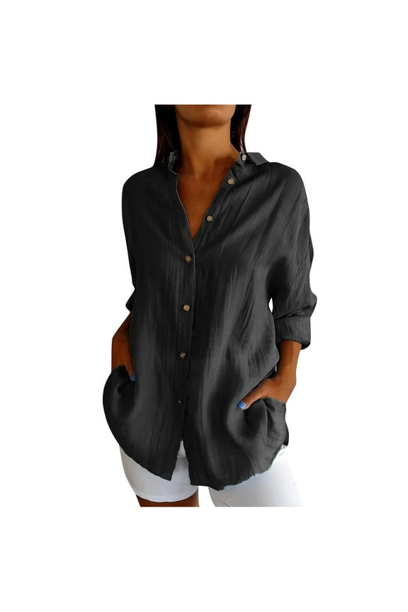 Plus Size Tops for Women Button down Shirts Long Sleeve Lapel V Neck Blouse Lightweight Tops