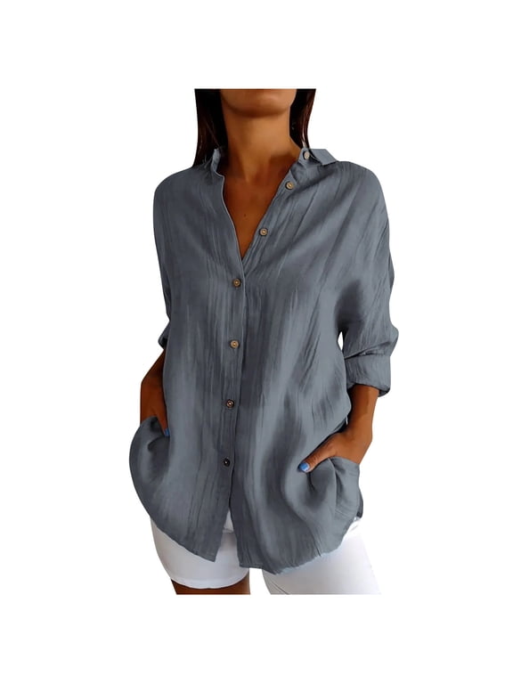 Plus Size Tops for Women Button down Shirts Long Sleeve Lapel V Neck Blouse Lightweight Tops