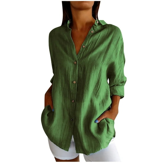 Timegard Plus Size Tops for Women Button down Shirts Long Sleeve Lapel V Neck Blouse Lightweight Tops