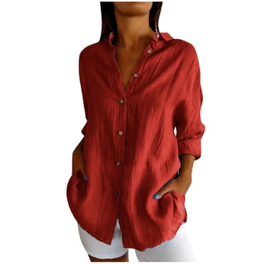 Timegard Plus Size Tops for Women Button down Shirts Long Sleeve Lapel V Neck Blouse Lightweight Tops