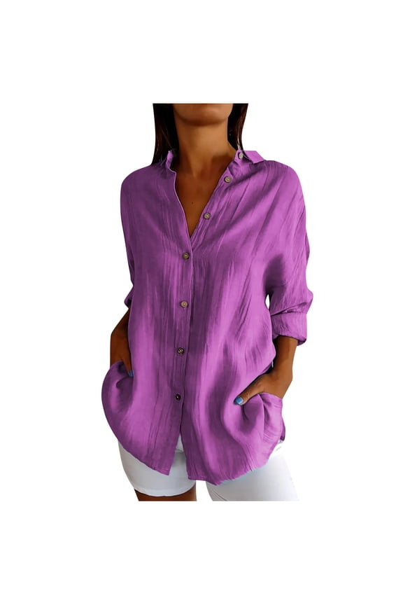 Plus Size Tops for Women Button down Shirts Long Sleeve Lapel V Neck Blouse Lightweight Tops