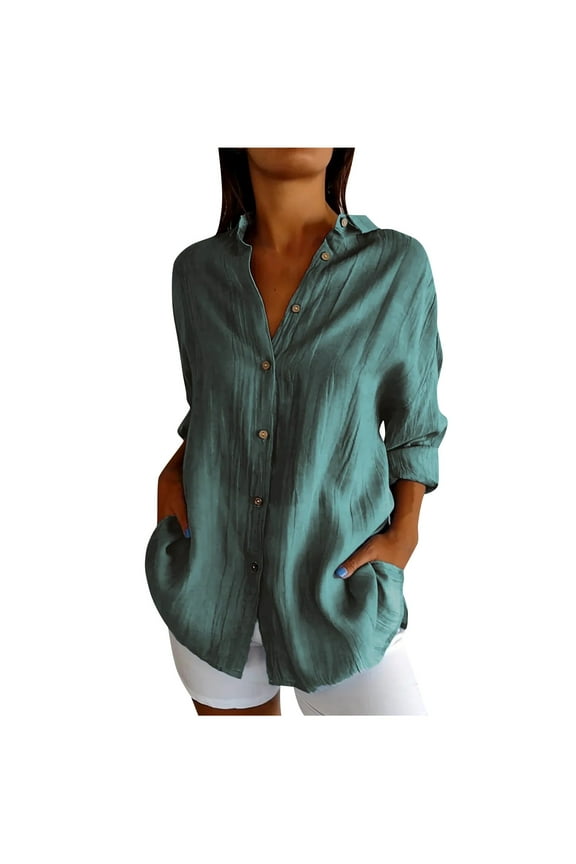 Plus Size Tops for Women Button down Shirts Long Sleeve Lapel V Neck Blouse Lightweight Tops