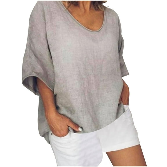 Timegard Plus Size Tops for Women Cotton Linen Scoop Neck Short Sleeve Loose Blouse Beach Casual Top