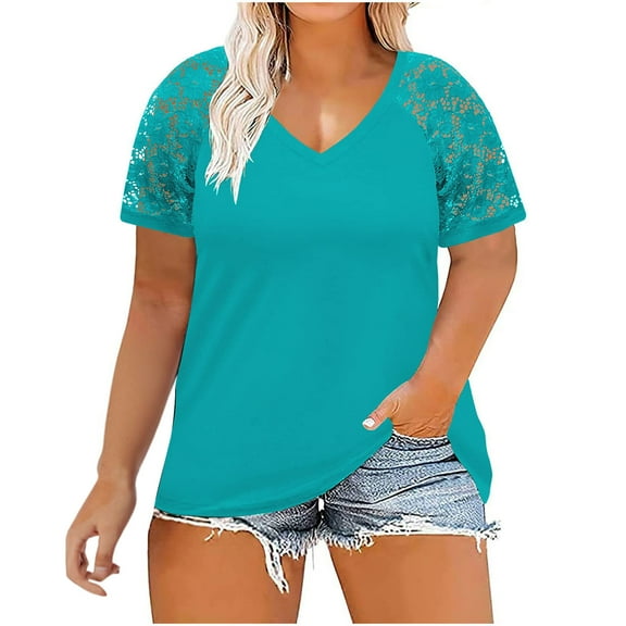 Timegard Plus Size Tops for Women Drop Shoulder Lace Short Sleeve V Neck Comfy Oversized Blouse Summer