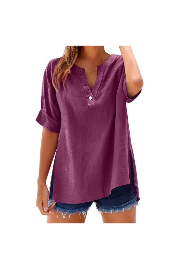 Plus Size Tops for Women Drop Shoulder V Neck Button 3/4 Sleeve Casual Loose Lightweight Blouse