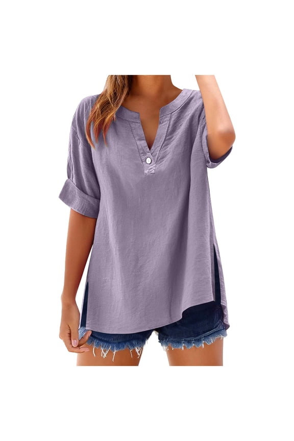 Plus Size Tops for Women Drop Shoulder V Neck Button 3/4 Sleeve Casual Loose Lightweight Blouse