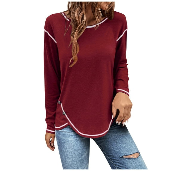 Timegard Plus Size Tops for Women Round Neck Long Sleeve Button Irregularly Blouse Fall Casual Comfy Tops