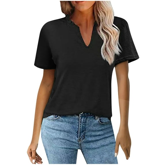Timegard Plus Size Tops for Women Ruffle V Neck Short Sleeve Fitting Comfy Casual Solid Color Tops Tee