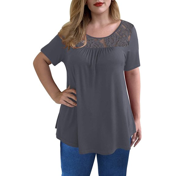 Timegard Plus Size Tops for Women Scoop Neck Lace Ruched Short Sleeve Loose Comfy Tops Tee Solid Color