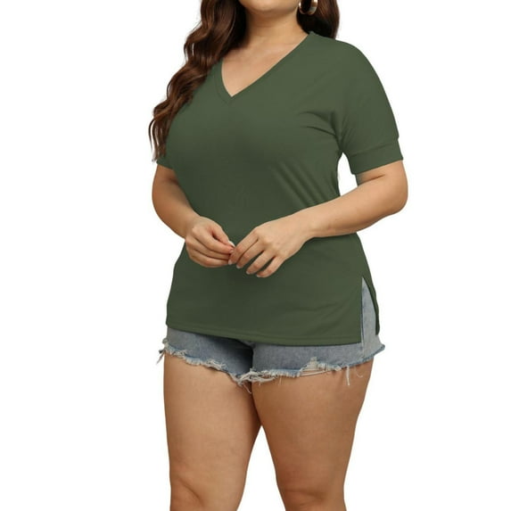 Timegard Plus Size Tops for Women Summer Short Sleeve V-Neck Side Split Comfy Dressy Casual Loose Tops