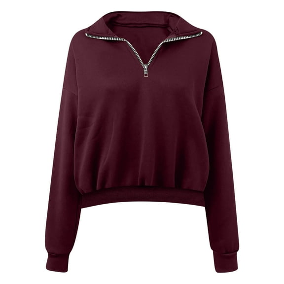 Timegard Quarter Zip Pullover Women Cropped Long Sleeve Tops Fall Winter Comfy Solid Color Sweatshirts