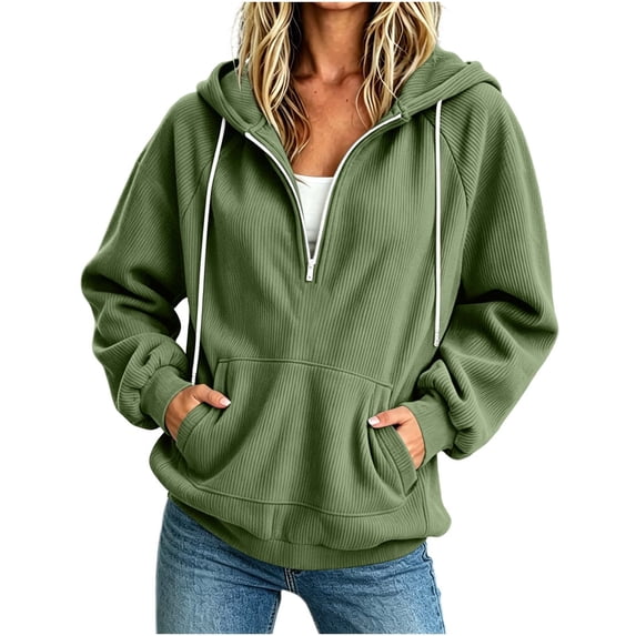 Timegard Quarter Zip Pullover for Women Fall Winter Corduroy Drawstring Sweatshirts Hoodies Long Sleeve Pullover with Pockets(Green.L)