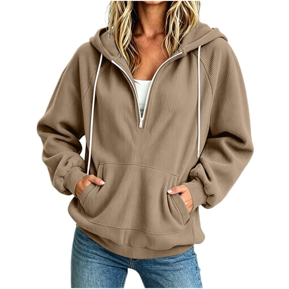 Timegard Quarter Zip Pullover for Women Fall Winter Corduroy Drawstring Sweatshirts Hoodies Long Sleeve Pullover with Pockets(Khaki.S)