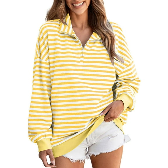 Timegard Quarter Zipper Pullover for Women Striped Lapel V Neck Casual Loose Oversized Pullover Tops