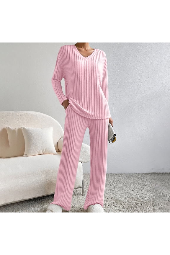 Ribbed Outfits for Women V Neck Long Sleeve Drop Shoulder Tops Wide Leg Pants 2 Piece Lounge Sets