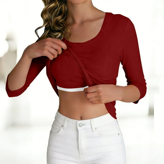 Timegard Ribbed Top for Women Round Neck Below-Elbow Sleeve Comfy Casual Basic Tops with Built in Bras