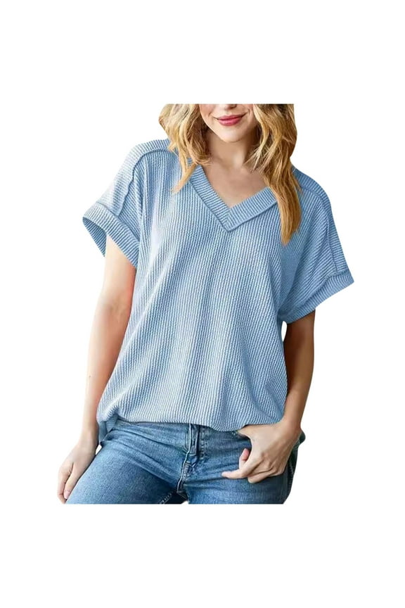 Ribbed Tops for Women Drop Shoulder V Neck Loose Comfy Casual Blouse Knit Top Summer Fashion