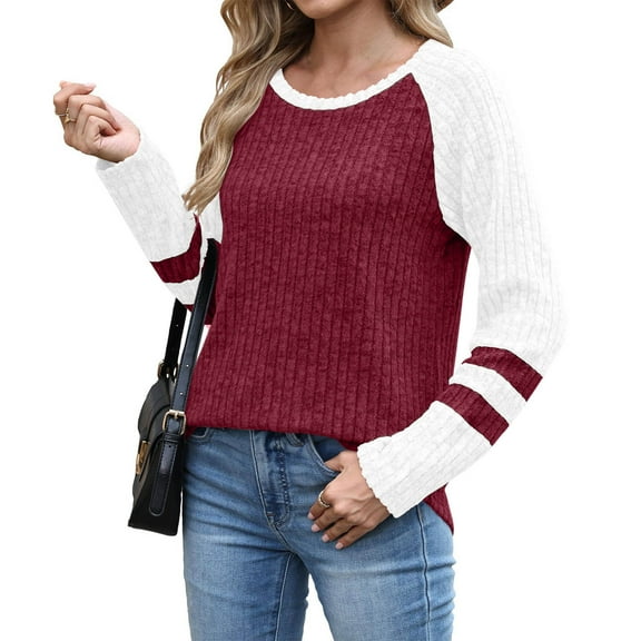 Timegard Ribbed Tops for Women Scoop Neck Long Sleeve Color Block Tops Fall Casual Comfy Drop Shoulder Blouse