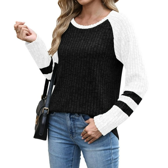 Timegard Ribbed Tops for Women Scoop Neck Long Sleeve Color Block Tops Fall Casual Comfy Drop Shoulder Blouse