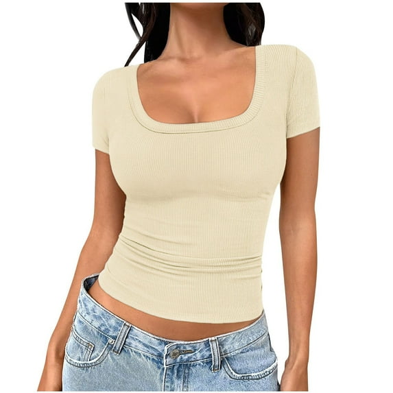 Timegard Ribbed Tops for Women Square Neck Short Sleeve Slim Tee Casual Going out Comfy Tops Solid Color