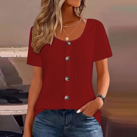 Timegard Ribbed Tops for Women Summer Casual Comfy Short Sleeve Round Neck Button Tee Shirts S-5XL