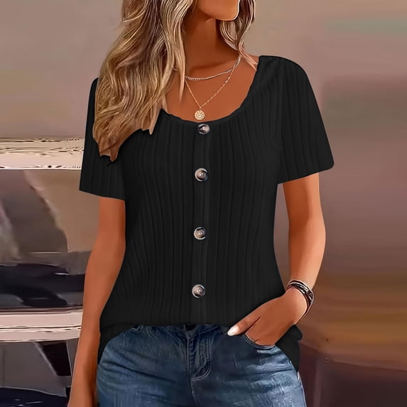 Timegard Ribbed Tops for Women Summer Casual Comfy Short Sleeve Round Neck Button Tee Shirts S-5XL