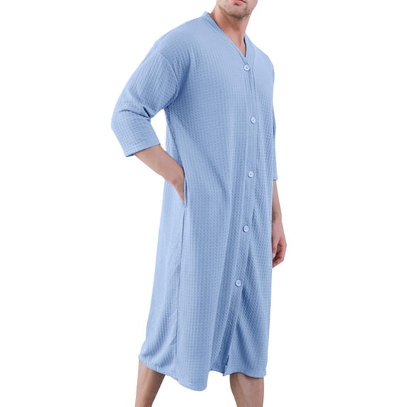 Timegard Robe for Men V Neck Long Sleeve Bathrobe Loose Button down Nightgown Comfy Mid Long Pajamas