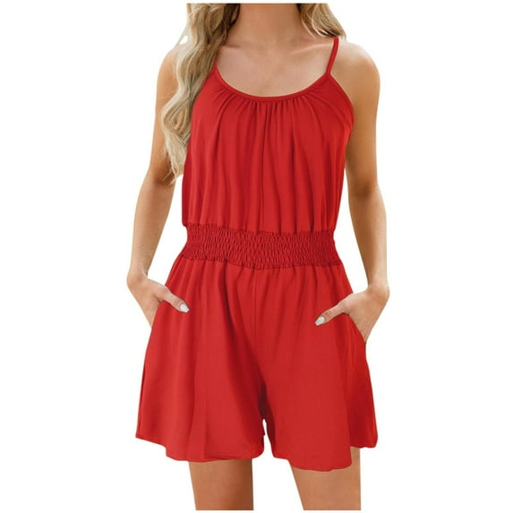 Timegard Rompers for Women Scoop Neck Elastic Waist Short Jumpsuit Casual Comfy Solid Color Outfits