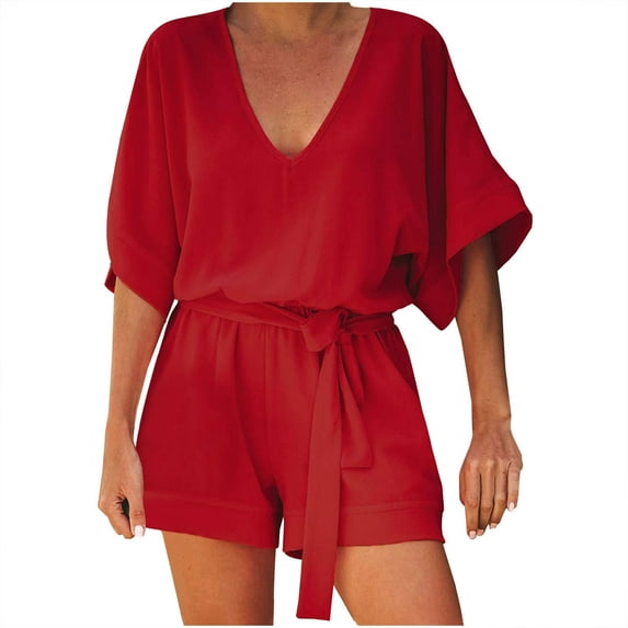 Timegard Rompers for Women Summer Deep V Neck 3/4 Sleeve Elastic Waist Loose Short Jumpsuit with Belt