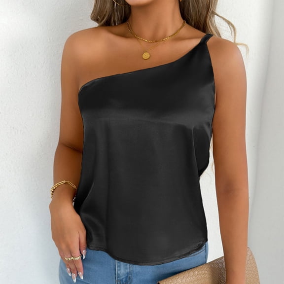 Timegard Satin Tank Tops for Women 1 Shoulder Loose Smoothing Solid Color Fitting Camisole Tops Summer