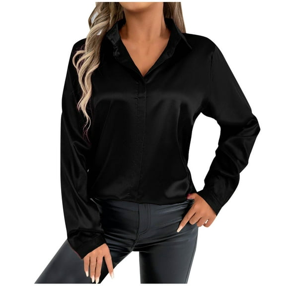 Timegard Satin Tops for Women Work Office Button up Shirts Long Sleeve Solid Color Casual Thin Tee