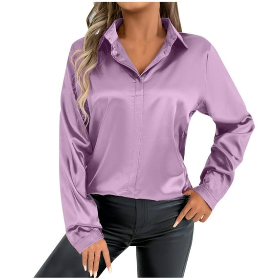 Timegard Satin Tops for Women Work Office Button up Shirts Long Sleeve Solid Color Casual Thin Tee